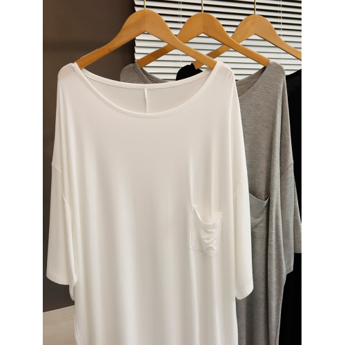 中長款莫代爾大圓領口袋T恤裙女夏季寬松大碼睡衣裙小個子連衣裙