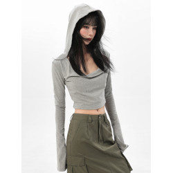 美式灰色連帽長袖t恤女早秋設計感小衆修身辣妹短款上衣初秋穿搭