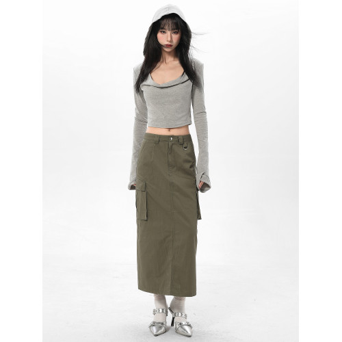 美式灰色連帽長袖t恤女早秋設計感小衆修身辣妹短款上衣初秋穿搭