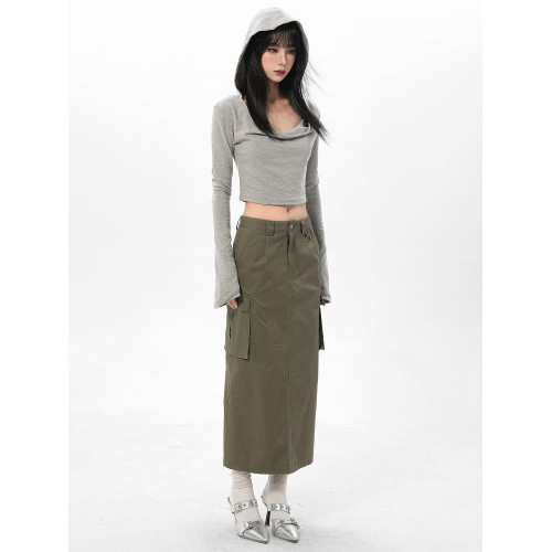 美式灰色連帽長袖t恤女早秋設計感小衆修身辣妹短款上衣初秋穿搭