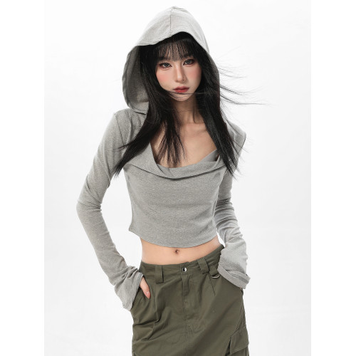 美式灰色連帽長袖t恤女早秋設計感小衆修身辣妹短款上衣初秋穿搭