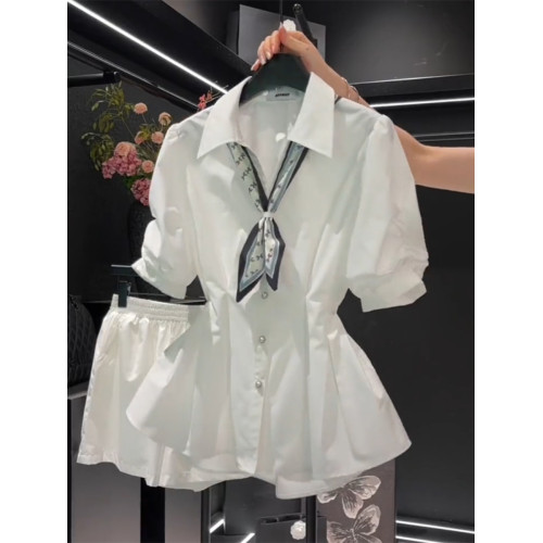 女士襯衫2026年夏季新款大碼設計感短袖V領系帶收腰顯瘦白色上衣