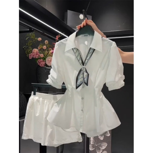 女士襯衫2026年夏季新款大碼設計感短袖V領系帶收腰顯瘦白色上衣