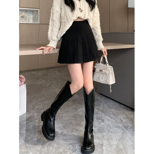 大碼黑色毛呢百褶裙女春秋新款小個子高腰顯瘦A字半身裙胖mm短裙