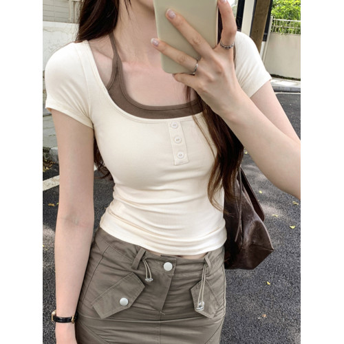 掛脖系帶方領假兩件修身短袖女夏2025新款設計感小衆別致顯瘦上衣