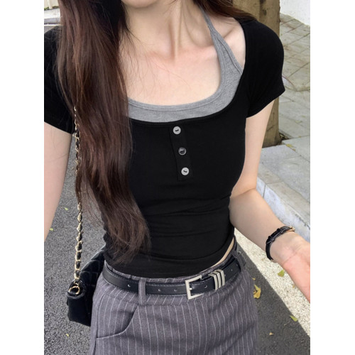 掛脖系帶方領假兩件修身短袖女夏2025新款設計感小衆別致顯瘦上衣