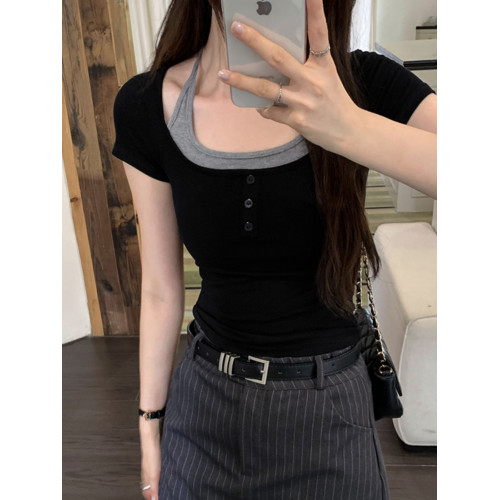 掛脖系帶方領假兩件修身短袖女夏2025新款設計感小衆別致顯瘦上衣