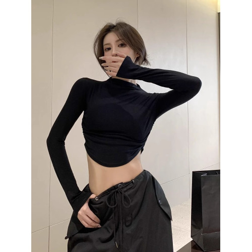 超短款黑色性感褶皺露臍長袖上衣女春秋甜酷半高領修身T恤打底衫