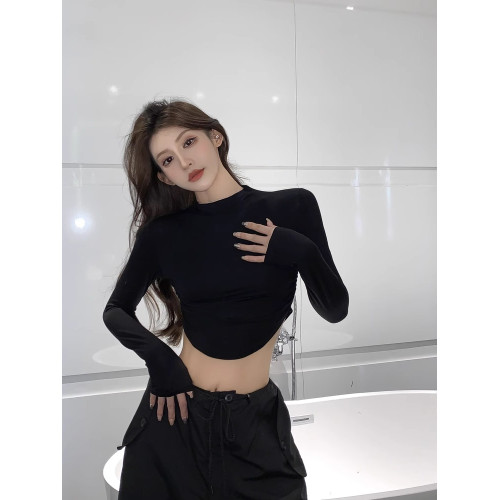 超短款黑色性感褶皺露臍長袖上衣女春秋甜酷半高領修身T恤打底衫