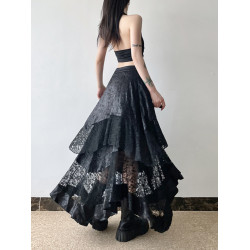 gagaopt2025新款夏季設計感蕾絲拼接不規則半身裙高腰顯瘦A字長裙