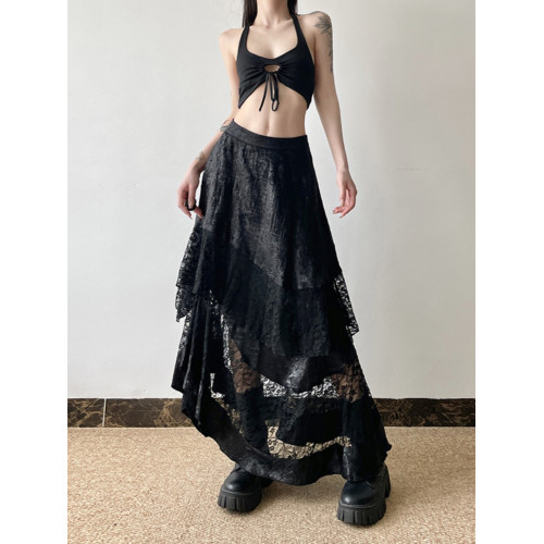 gagaopt2025新款夏季設計感蕾絲拼接不規則半身裙高腰顯瘦A字長裙