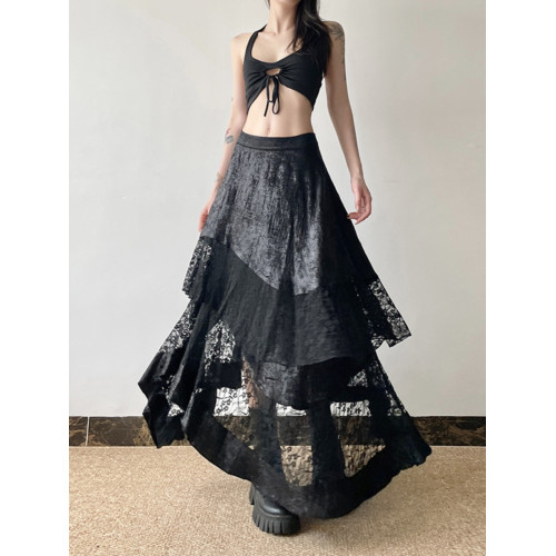 gagaopt2025新款夏季設計感蕾絲拼接不規則半身裙高腰顯瘦A字長裙