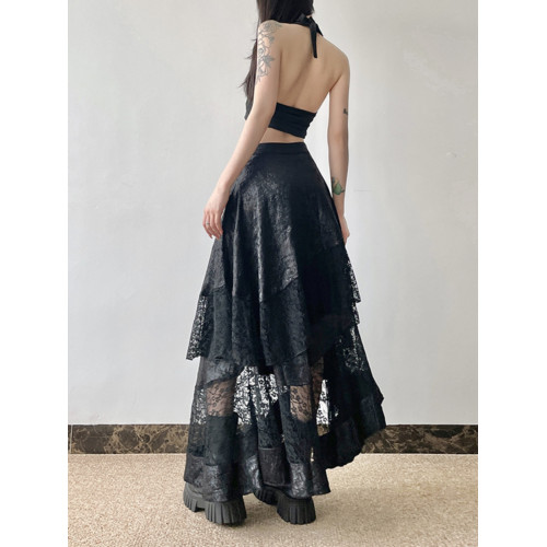 gagaopt2025新款夏季設計感蕾絲拼接不規則半身裙高腰顯瘦A字長裙