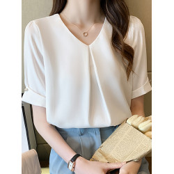 藍色短袖襯衫女夏季2025新款v領雪紡襯衣職業通勤穿搭面試上衣