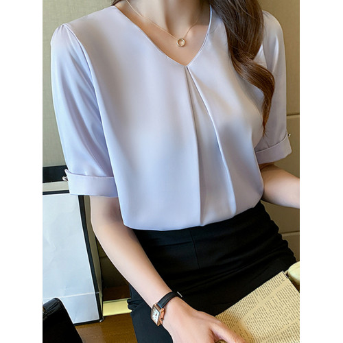 藍色短袖襯衫女夏季2025新款v領雪紡襯衣職業通勤穿搭面試上衣