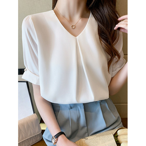 藍色短袖襯衫女夏季2025新款v領雪紡襯衣職業通勤穿搭面試上衣