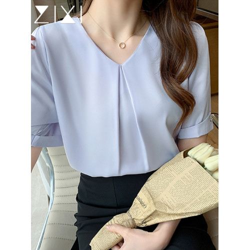 藍色短袖襯衫女夏季2025新款v領雪紡襯衣職業通勤穿搭面試上衣