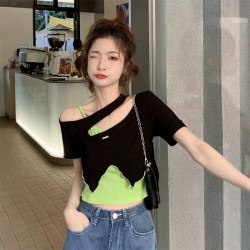 爵士上衣女撞色緊身性感掛脖心機露肩純欲風短款歐美辣妹t恤長袖