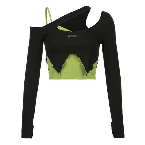 爵士上衣女撞色緊身性感掛脖心機露肩純欲風短款歐美辣妹t恤長袖