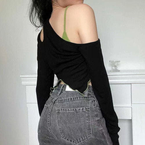 爵士上衣女撞色緊身性感掛脖心機露肩純欲風短款歐美辣妹t恤長袖