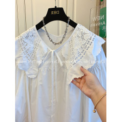 法式蕾絲刺綉娃娃領白色襯衫女春秋季小個子寬松甜美燈籠袖上衣潮