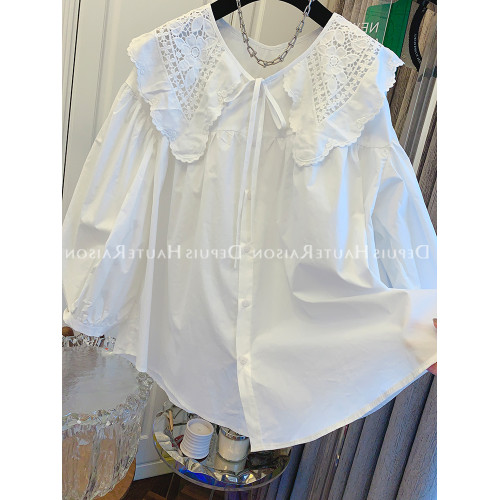 法式蕾絲刺綉娃娃領白色襯衫女春秋季小個子寬松甜美燈籠袖上衣潮