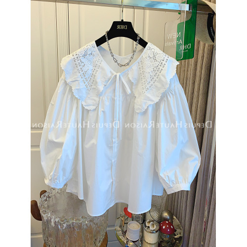 法式蕾絲刺綉娃娃領白色襯衫女春秋季小個子寬松甜美燈籠袖上衣潮