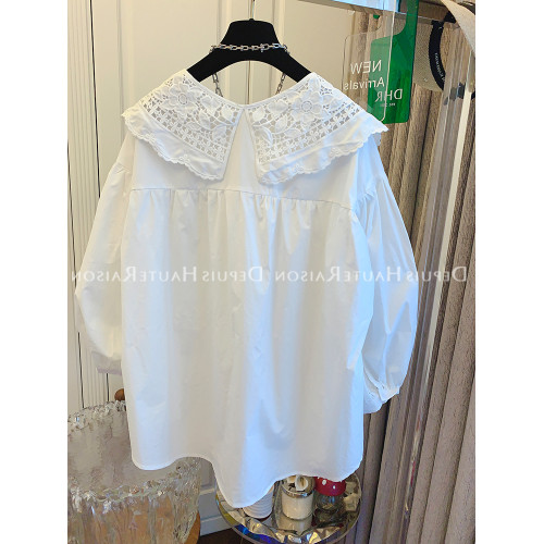 法式蕾絲刺綉娃娃領白色襯衫女春秋季小個子寬松甜美燈籠袖上衣潮