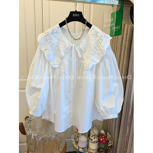 法式蕾絲刺綉娃娃領白色襯衫女春秋季小個子寬松甜美燈籠袖上衣潮