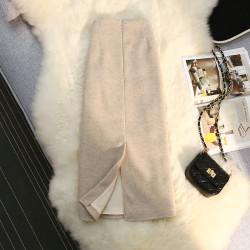 毛呢半身裙女秋冬2025新款高腰a字包臀裙中長款開叉直筒一步裙子