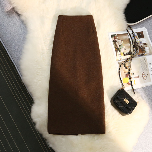 毛呢半身裙女秋冬2025新款高腰a字包臀裙中長款開叉直筒一步裙子