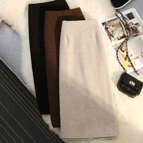 毛呢半身裙女秋冬2025新款高腰a字包臀裙中長款開叉直筒一步裙子