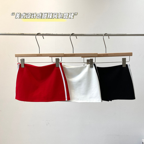 美式甜辣拼色杠條防走光短裙女2024夏季韓版小個子低腰a字包臀裙