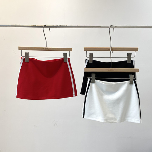 美式甜辣拼色杠條防走光短裙女2024夏季韓版小個子低腰a字包臀裙