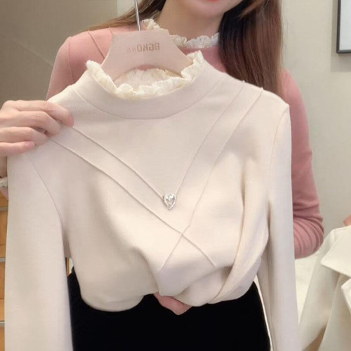 半高領德絨外穿保暖加絨打底衫女2025春秋冬內搭長袖T恤蕾絲上衣