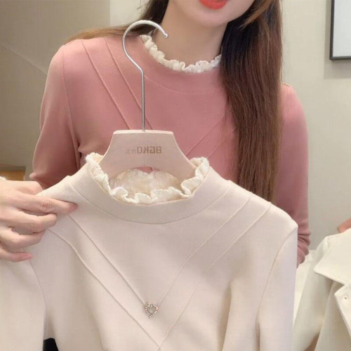 半高領德絨外穿保暖加絨打底衫女2025春秋冬內搭長袖T恤蕾絲上衣
