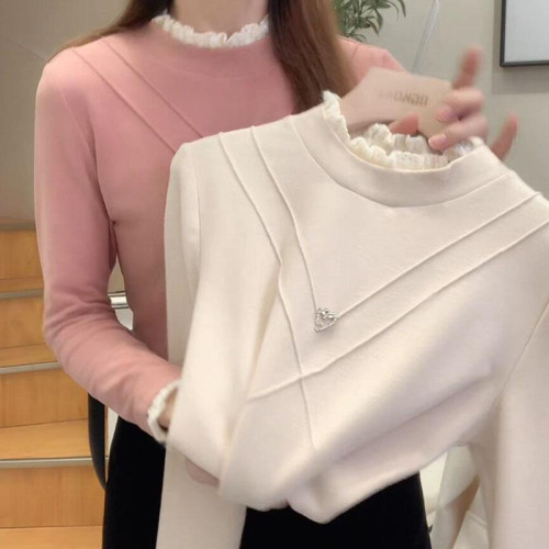 半高領德絨外穿保暖加絨打底衫女2025春秋冬內搭長袖T恤蕾絲上衣