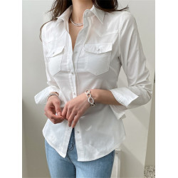 白色收腰襯衫女2024春夏韓版新款大彈力修身顯瘦長袖休閒襯衣上衣