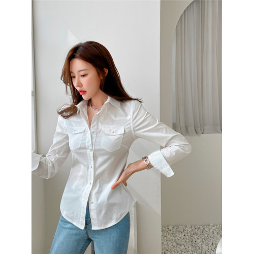 白色收腰襯衫女2024春夏韓版新款大彈力修身顯瘦長袖休閒襯衣上衣