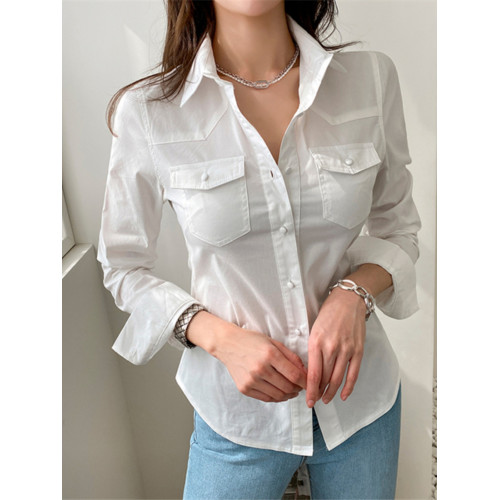 白色收腰襯衫女2024春夏韓版新款大彈力修身顯瘦長袖休閒襯衣上衣