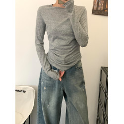 理解韓女~早秋新款修身收腰顯瘦簡約長袖T恤打底衫基礎春季上衣女