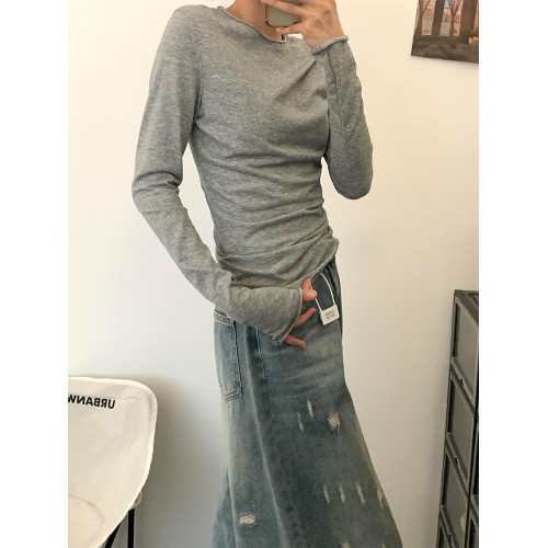 理解韓女~早秋新款修身收腰顯瘦簡約長袖T恤打底衫基礎春季上衣女