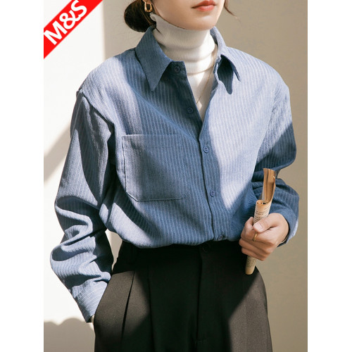 燈芯絨襯衫女加厚曡穿秋冬寬松長袖外穿卡其色上衣復古藍襯衣通勤