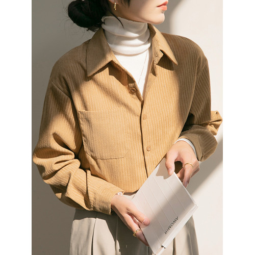 燈芯絨襯衫女加厚曡穿秋冬寬松長袖外穿卡其色上衣復古藍襯衣通勤