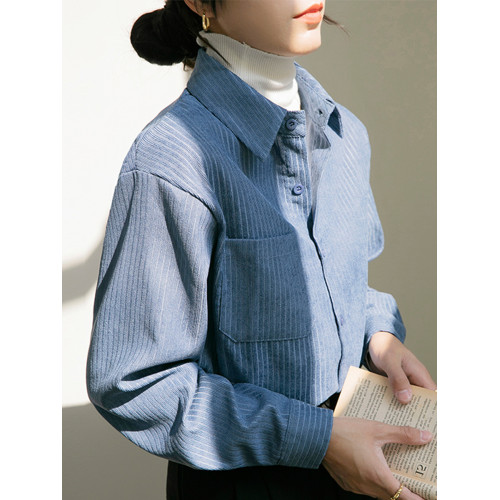 燈芯絨襯衫女加厚曡穿秋冬寬鬆長袖外穿卡其色上衣復古藍襯衣通勤