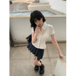 白色蕾絲拼接短袖襯衫女夏季2024新款修身顯瘦小衆甜辣妹短款上衣