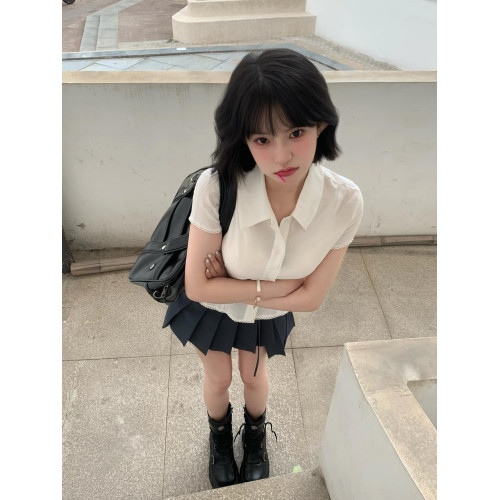 白色蕾絲拼接短袖襯衫女夏季2024新款修身顯瘦小衆甜辣妹短款上衣 白色蕾絲拼接短袖襯衫女夏季2024新款修身顯瘦小衆甜辣妹短款上衣