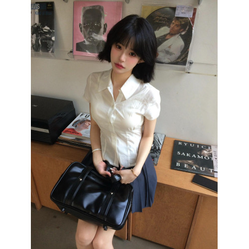 白色蕾絲拼接短袖襯衫女夏季2024新款修身顯瘦小衆甜辣妹短款上衣 白色蕾絲拼接短袖襯衫女夏季2024新款修身顯瘦小衆甜辣妹短款上衣