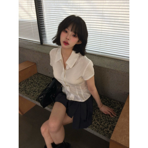 白色蕾絲拼接短袖襯衫女夏季2024新款修身顯瘦小衆甜辣妹短款上衣 白色蕾絲拼接短袖襯衫女夏季2024新款修身顯瘦小衆甜辣妹短款上衣