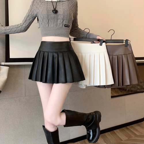 咖色百褶皮裙半身裙女秋季2025新款小個子高腰顯瘦防走光pu皮短裙